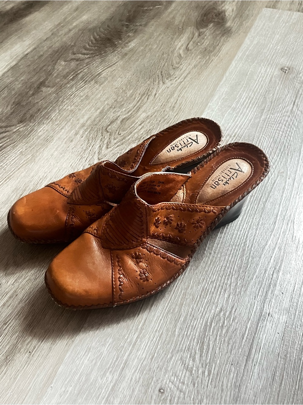 Artisan Brown Leather Slip-On Clogs by